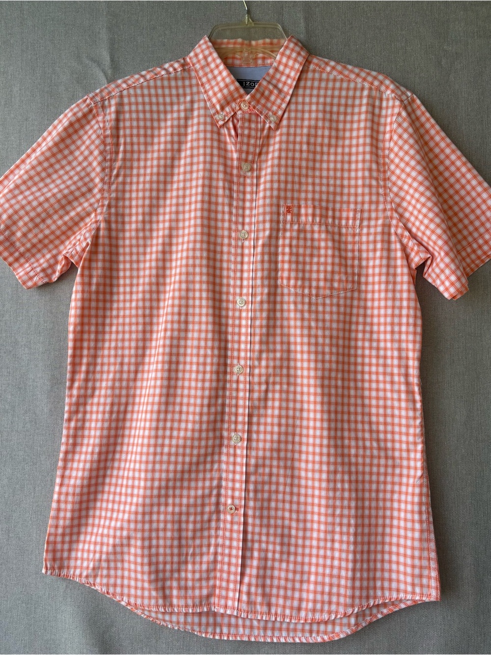 Izod Orange and White Gingham Short-Sleeve Button-Down Shirt